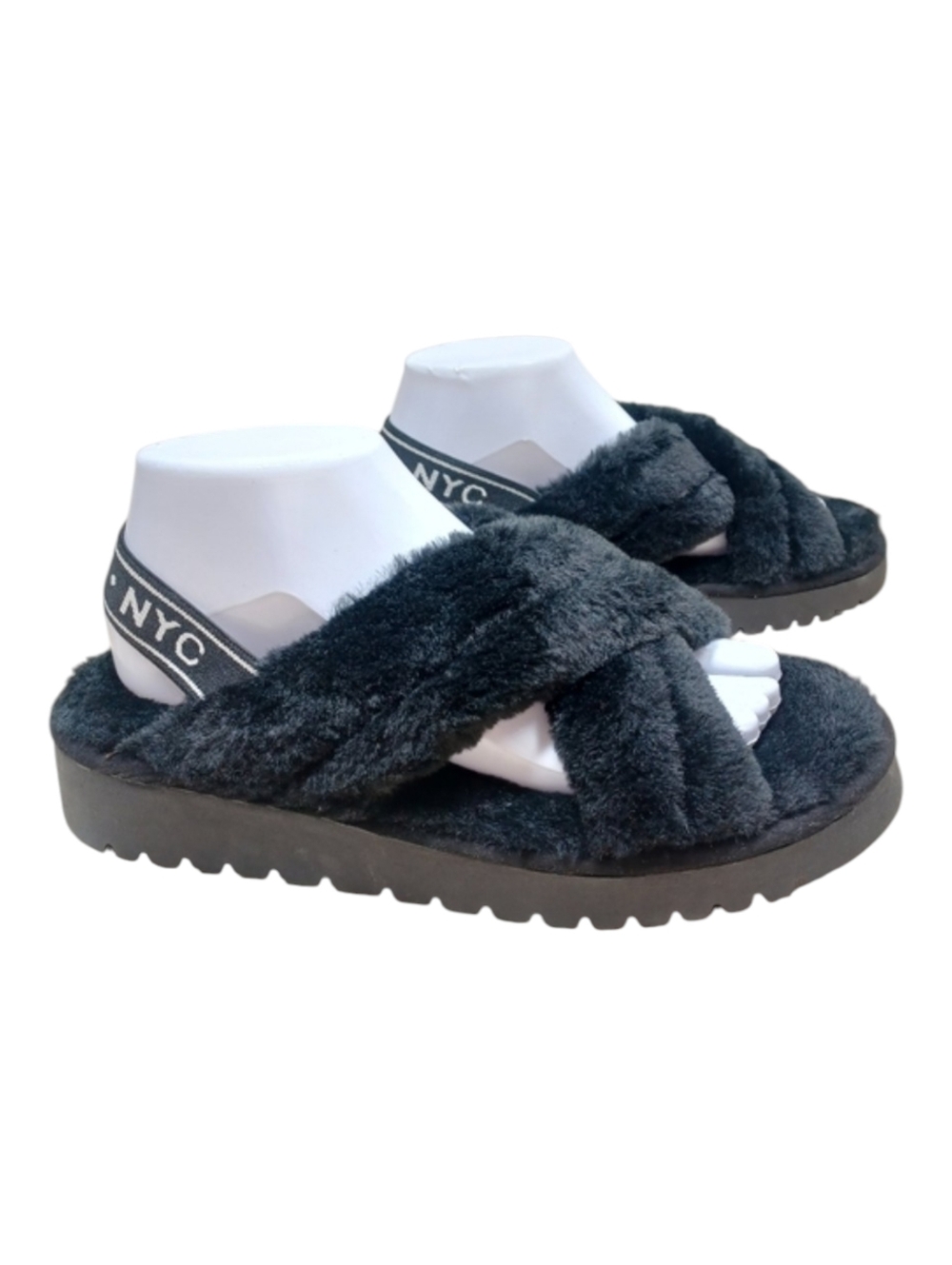 Steve Madden NYC Fuzzy Fluffy Indoor Outdoor Slippers Black Like New Size 9
